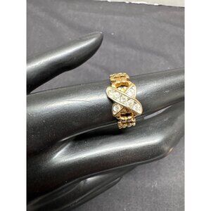 Gold-Tone Cubic Zirconia Cross X Kiss Chain Link Size 7 Ring With Rhinestone Cri